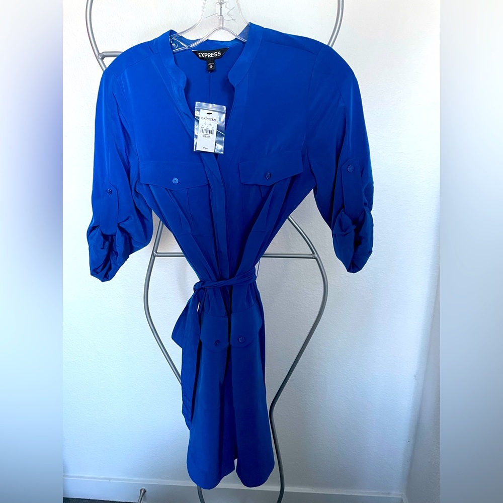Express Women’s Belted Shirt Dress, Blue, Size XS